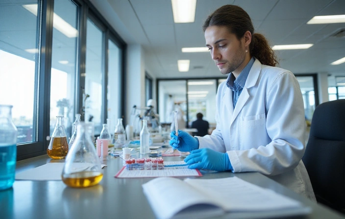A modern, clean laboratory setting with scientific equipment and a technician in a lab coat performing tests on samples, symbolizing rigorous quality control.
