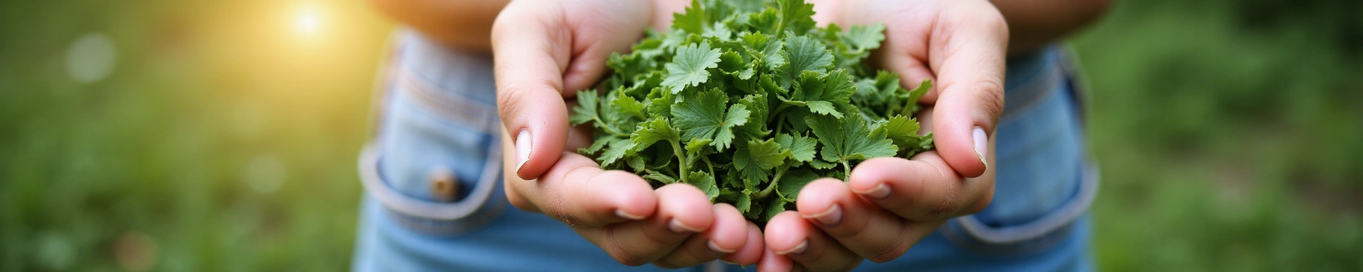 A serene image of hands gently holding a handful of fresh, vibrant green herbs, with soft natural light illuminating the scene, symbolizing naturalness and care.