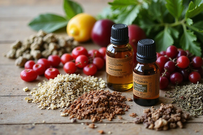 A close-up shot of various natural ingredients like dried herbs, colorful berries, and essential oils neatly arranged on a wooden table, symbolizing the origin of Nutradrixa's products.